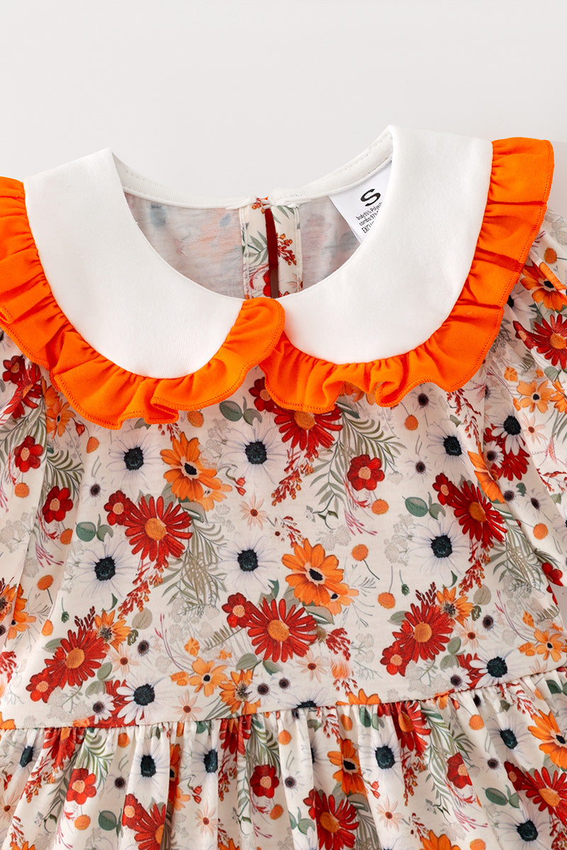 Fall floral printed girls dress w/ pumpkin applique. DRG65303 SOL