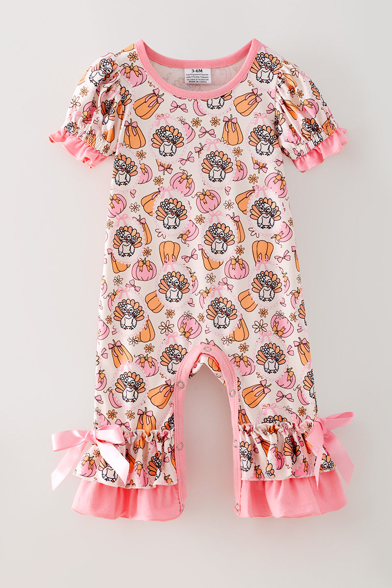 Turkey & pumpkin printed romper w/ pink ruffle hem. RPG65247 SOL