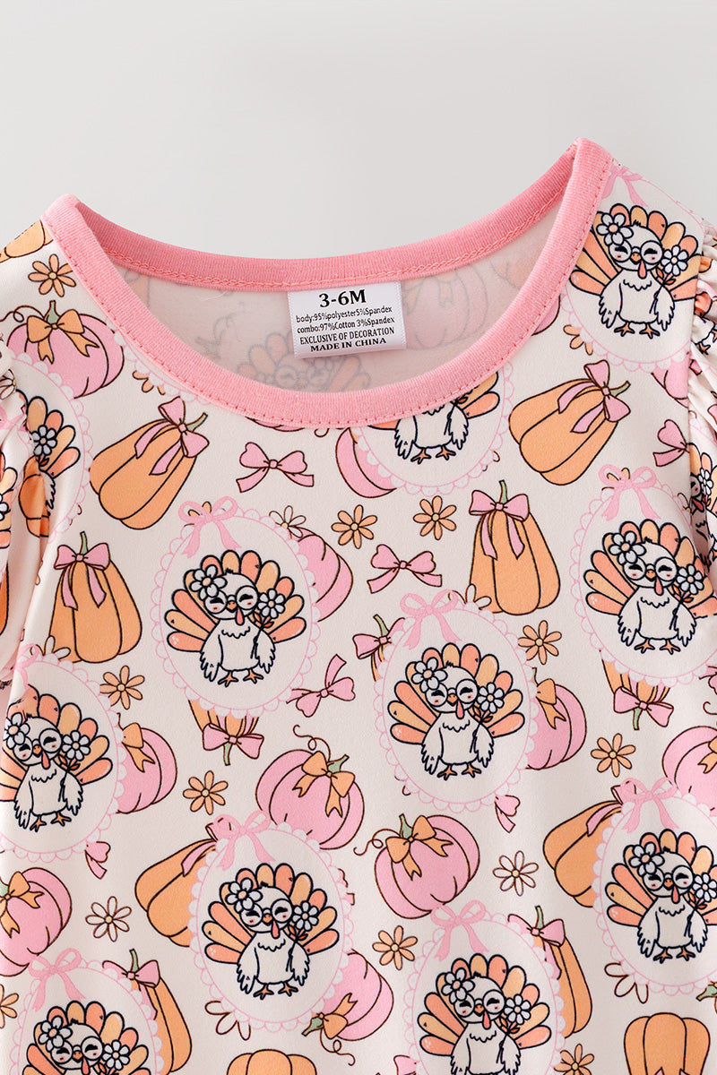 Turkey & pumpkin printed romper w/ pink ruffle hem. RPG65247 SOL