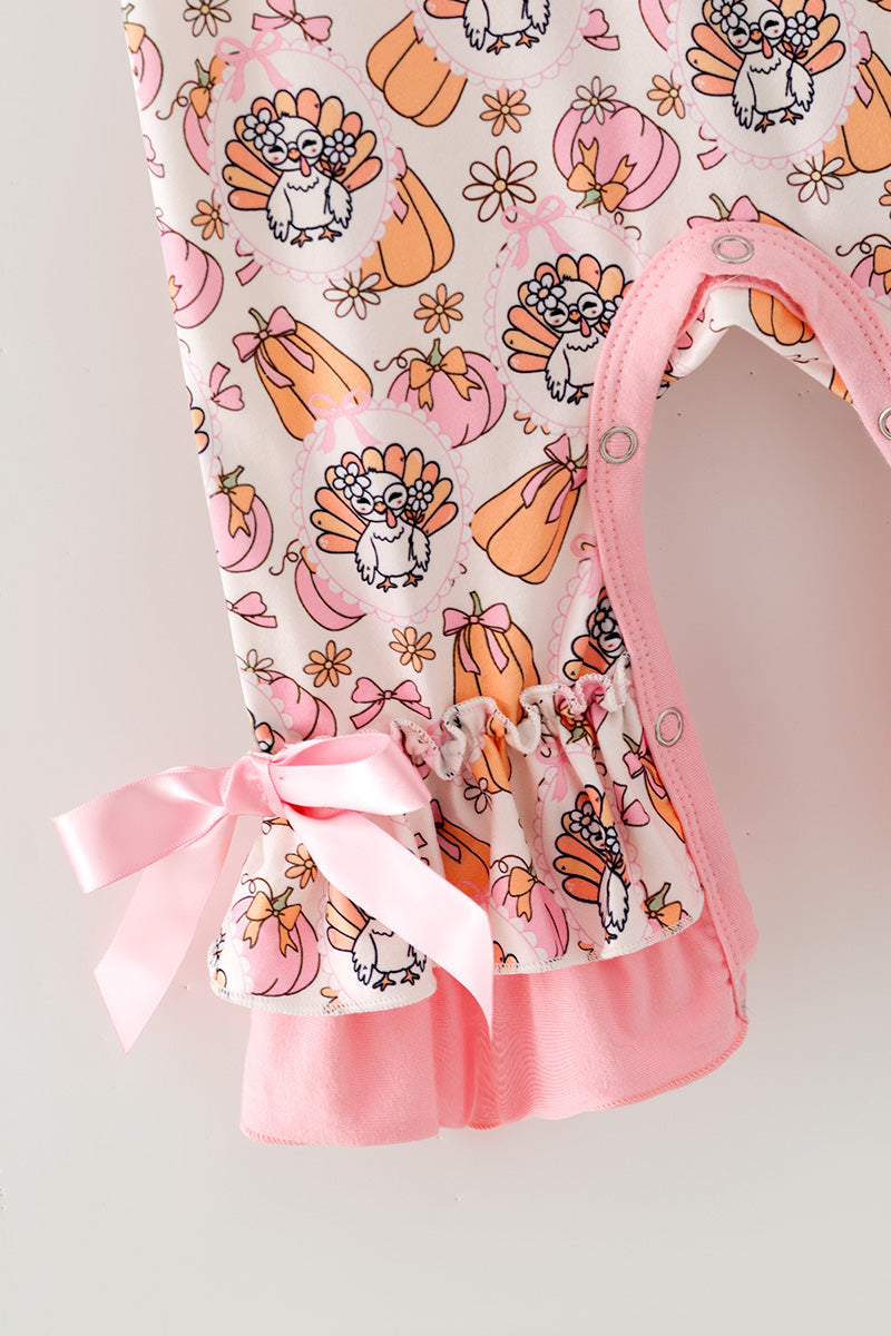 Turkey & pumpkin printed romper w/ pink ruffle hem. RPG65247 SOL