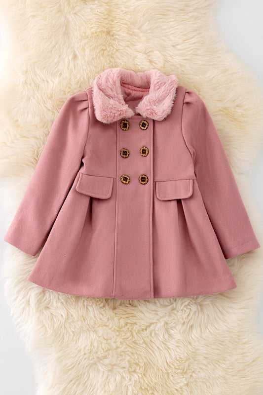 Pleated blush jacket with fur collar.