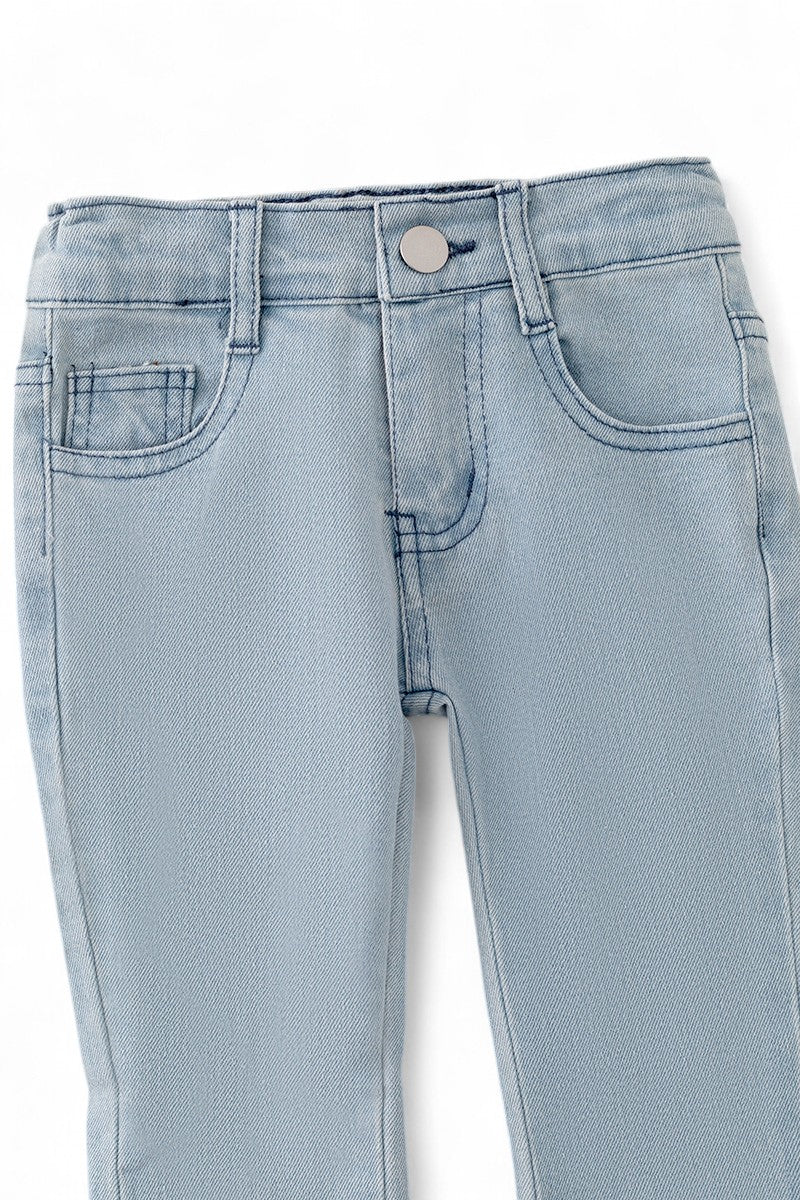 LT. blue denim pants with open sides.