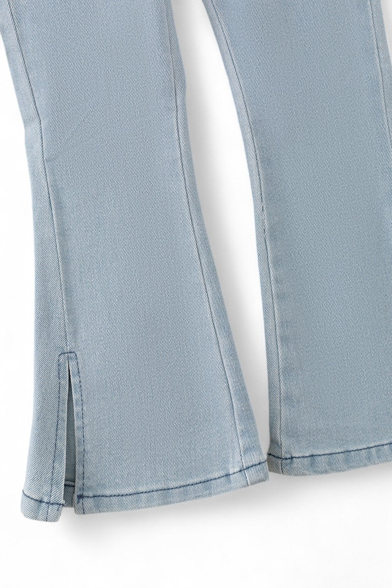 LT. blue denim pants with open sides.