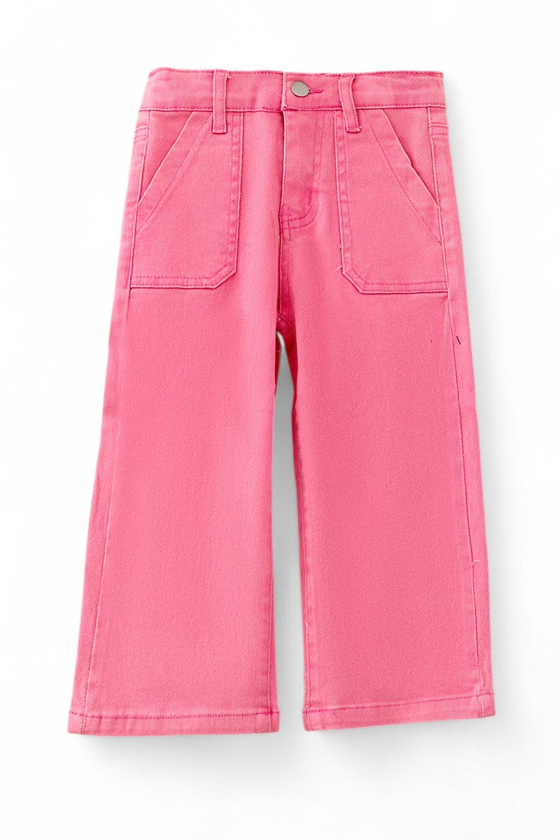 Pink denim pants wide leg jeans with pack pockets.