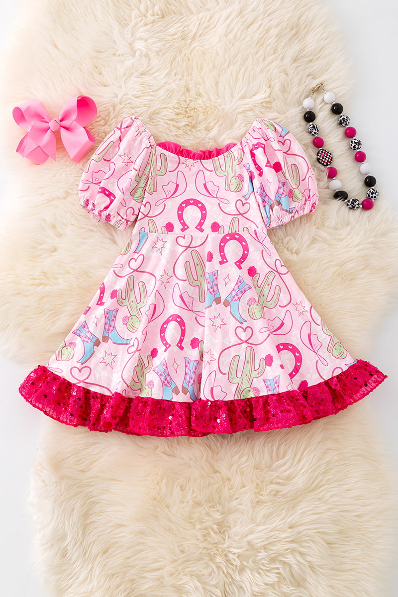 Shoe horse printed on pink dress with bubble sleeve and sequins ruffle hem. (Western) DRG53964
