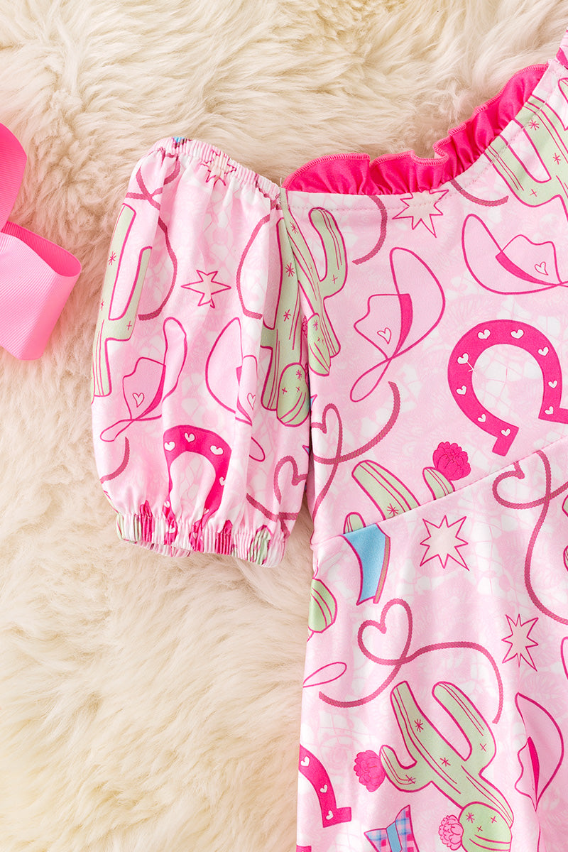 Shoe horse printed on pink dress with bubble sleeve and sequins ruffle hem. (Western) DRG53964