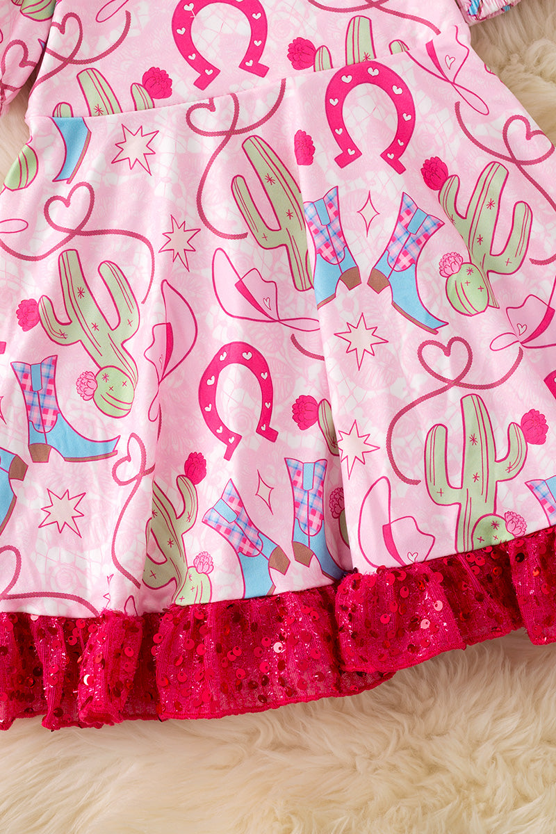 Shoe horse printed on pink dress with bubble sleeve and sequins ruffle hem. (Western) DRG53964