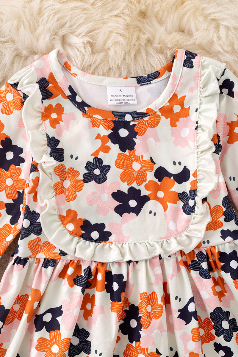 Halloween floral printed dress with bell sleeves. DRG53650