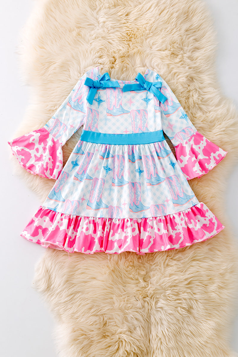 Cowgirl boot printed girls dress with cow printed ruffle hem. DRG53440
