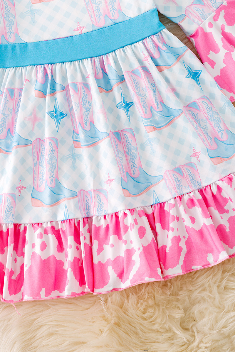 Cowgirl boot printed girls dress with cow printed ruffle hem. DRG53440