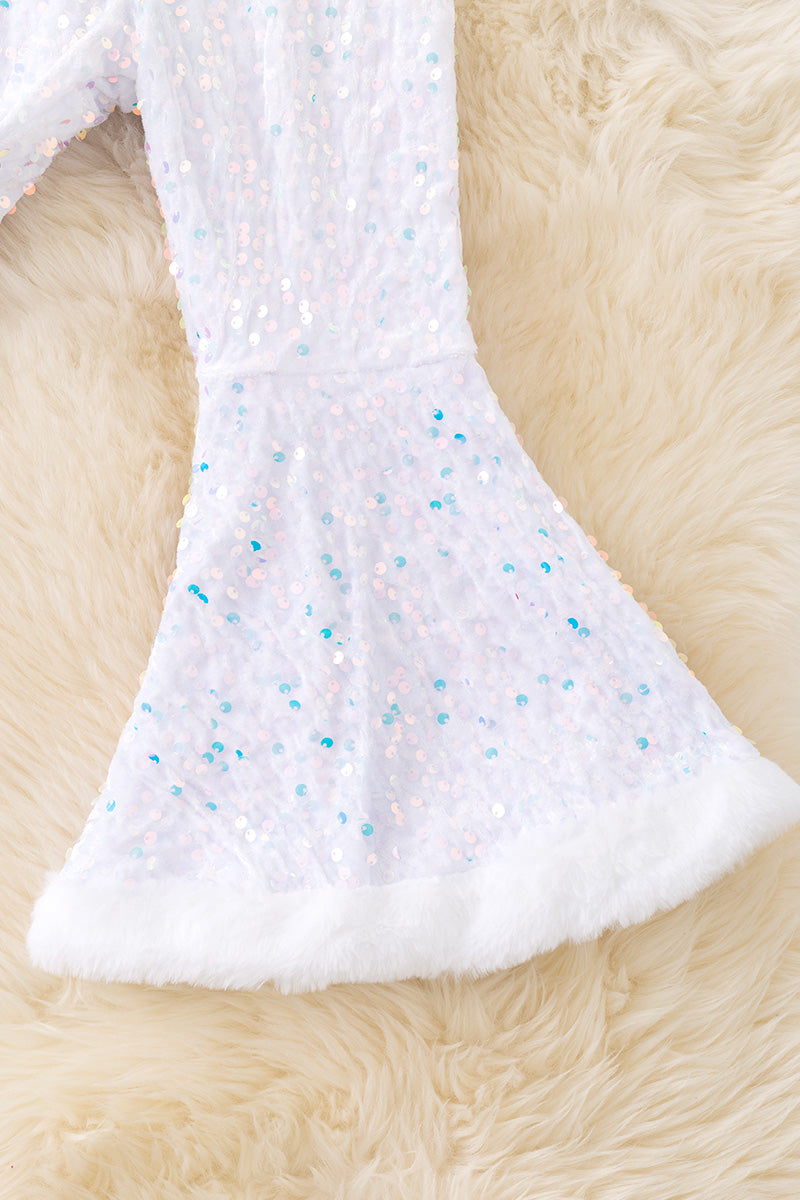 White sequins bell bottoms with fur trim. PNG50265