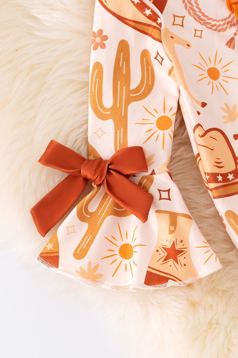 Multi Western printed baby bodysuit with bell sleeves. RPG53365