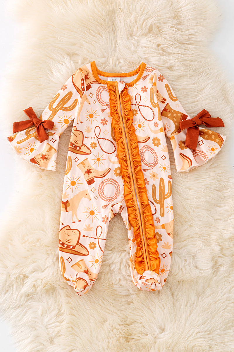 Multi Western printed baby bodysuit with bell sleeves. RPG53365