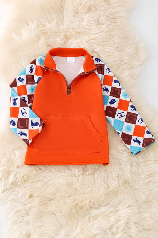 (Western) Orange western printed sleeve pullover. TPB50503