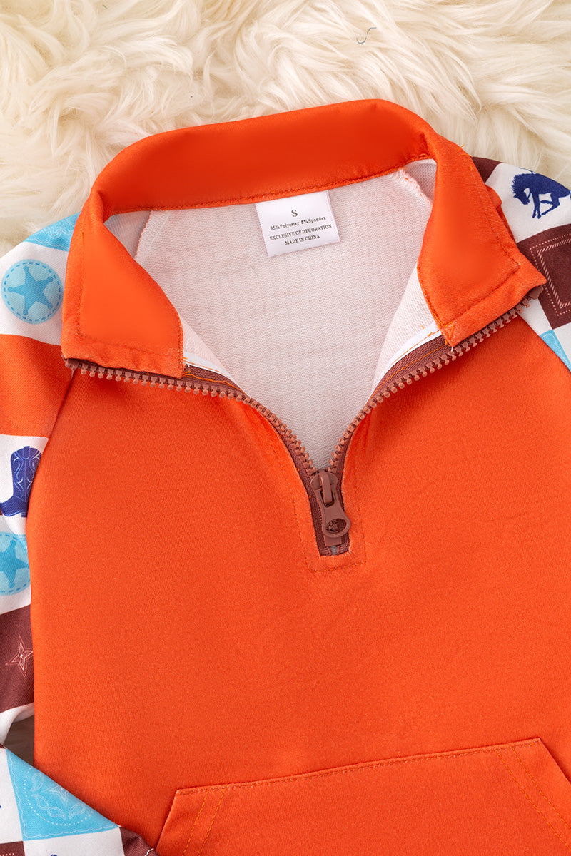 (Western) Orange western printed sleeve pullover. TPB50503