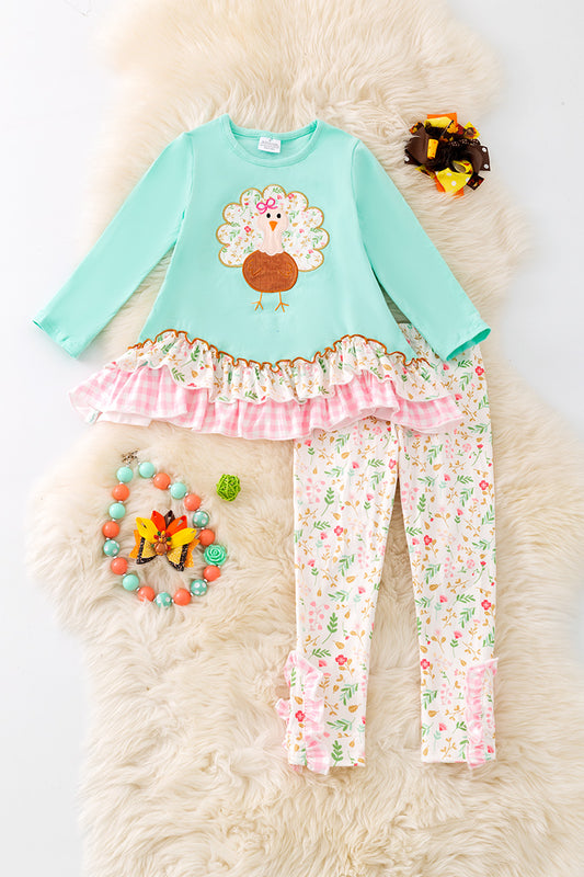 Mink Thanksgiving ruffle layered tunic and floral leggings. OFG51481