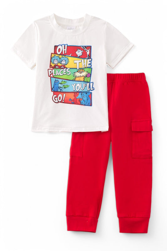 Oh the places you'll go! White tee-shirt & red joggers.