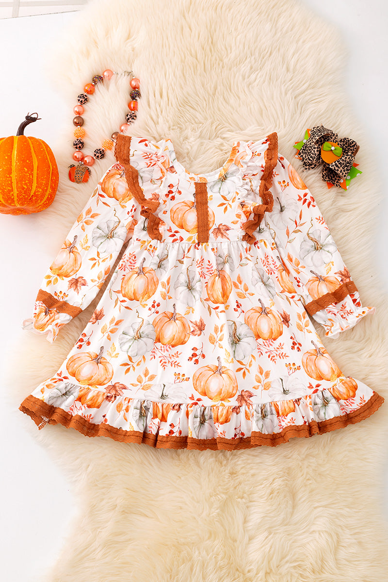 Pumpkin fall printed girls dress with angel sleeve. DRG53050