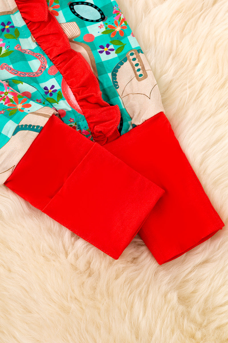 🎍Bamboo green gingham western baby onesie with matching headband.