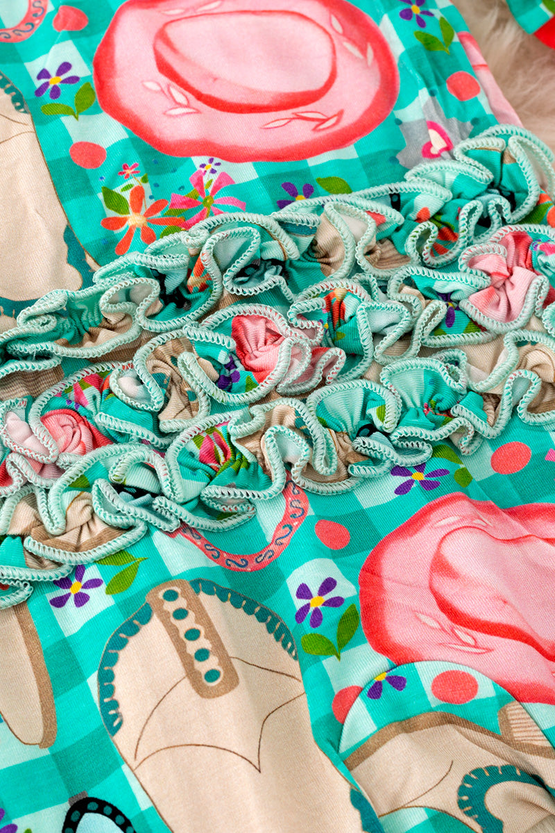 🎍Bamboo green gingham western baby onesie with matching headband.