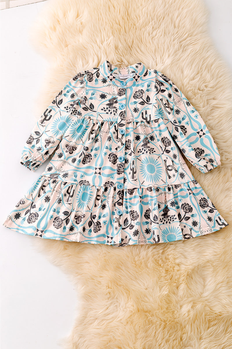 Aqua floral printed girl tiered dress.