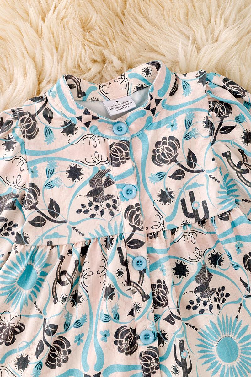 Aqua floral printed girl tiered dress.