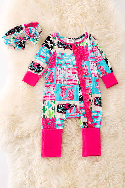 🎍Bamboo hot pink and turquoise baby onesie with matching headband.