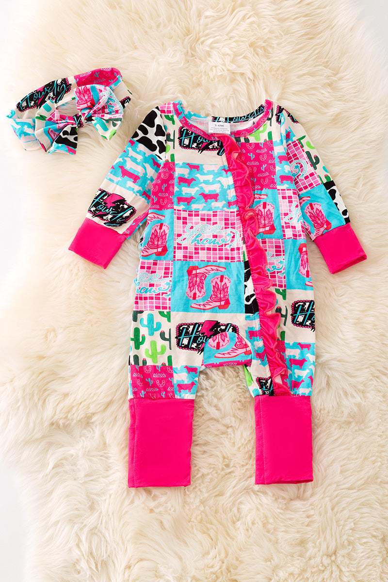 Bamboo hot pink and turquoise baby bodysuit with matching headband.