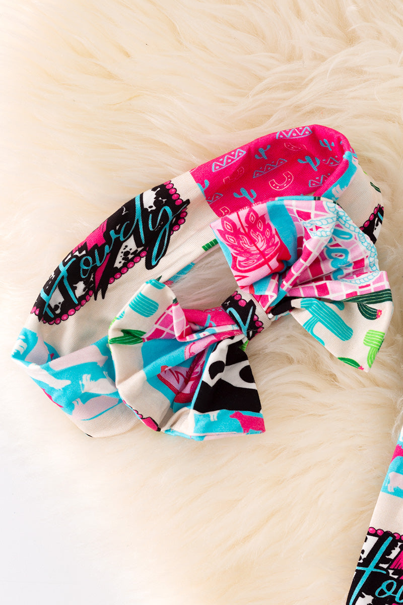 Bamboo hot pink and turquoise baby bodysuit with matching headband.