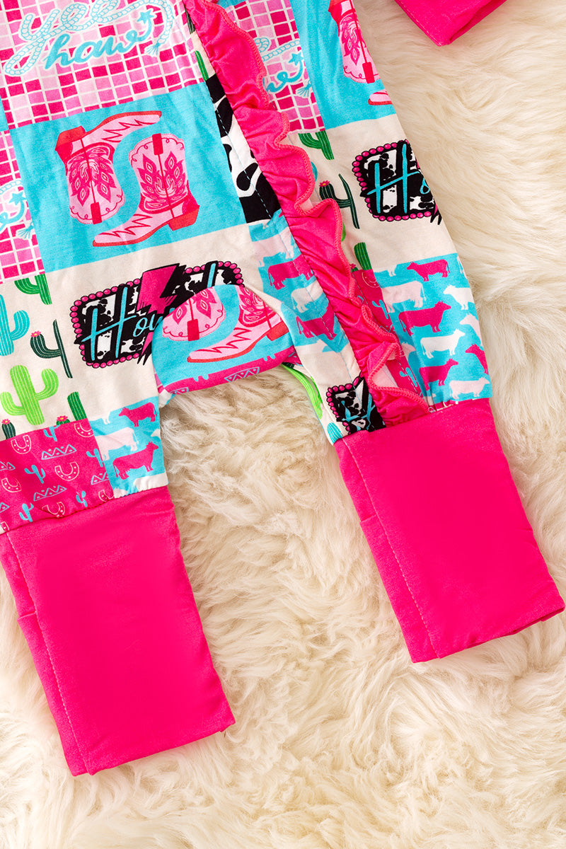 Bamboo hot pink and turquoise baby bodysuit with matching headband.