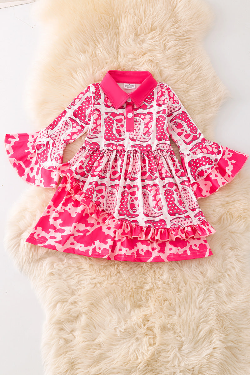 Cowgirl boot fuchsia printed dress with cow printed hem. (Western)