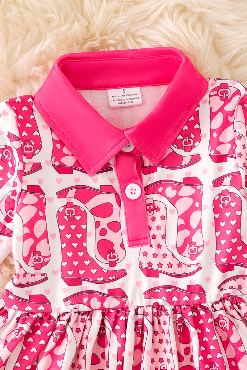 Cowgirl boot fuchsia printed dress with cow printed hem. (Western)
