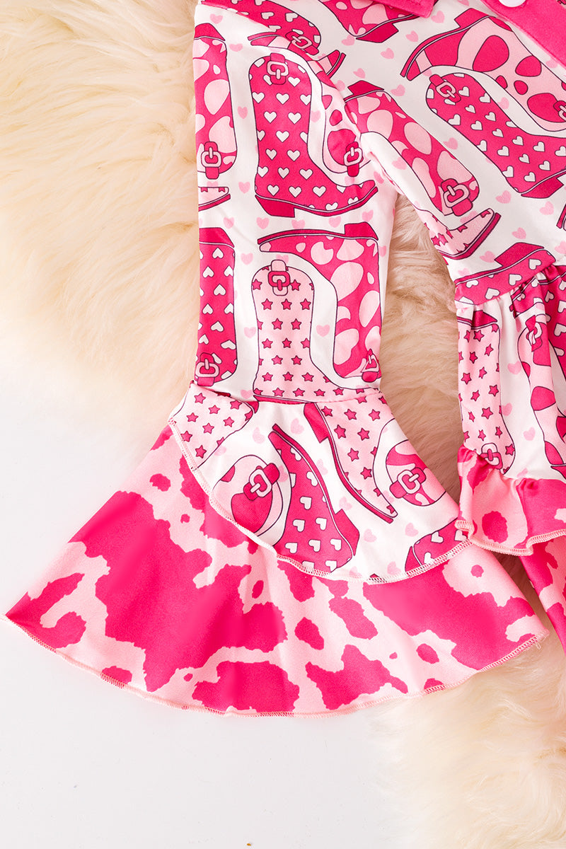 Cowgirl boot fuchsia printed dress with cow printed hem. (Western)