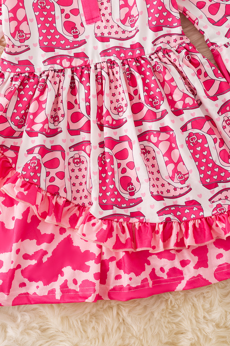 Cowgirl boot fuchsia printed dress with cow printed hem. (Western)