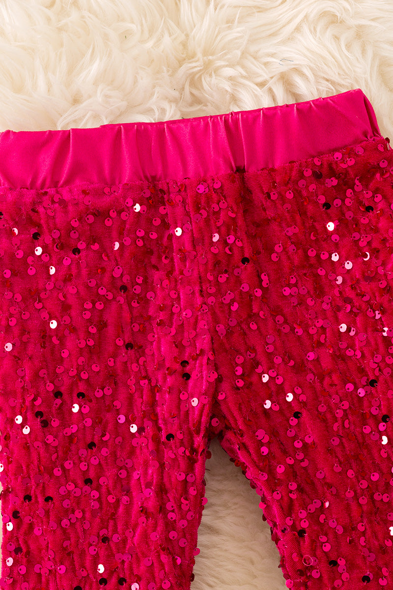 Fuchsia sequins printed bell bottoms.