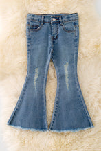 Load image into Gallery viewer, Denim blue distressed denim pants with a bootcut.
