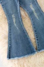 Load image into Gallery viewer, Denim blue distressed denim pants with a bootcut.
