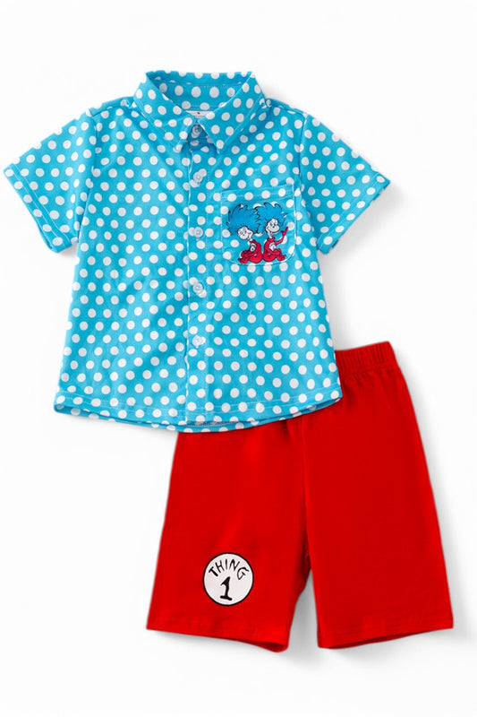 Thing 1 Polka dot button up shirt & red shorts.