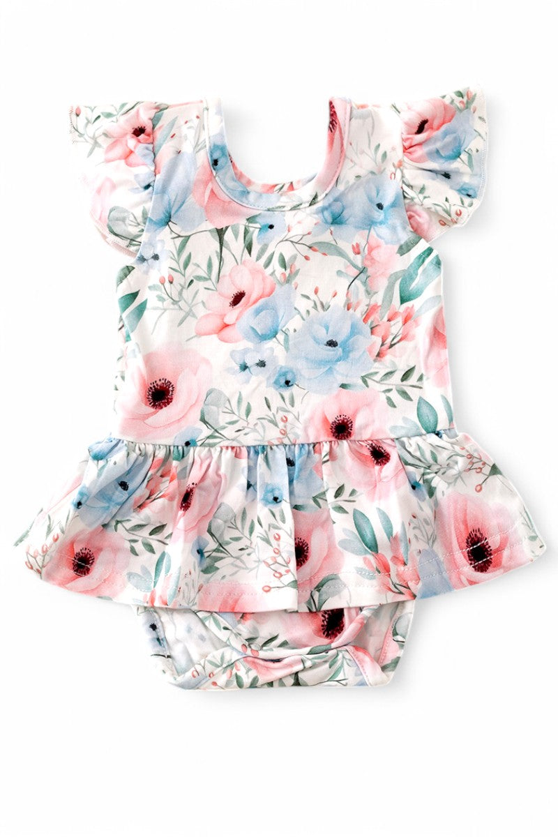 Multi-Printed girls baby onesies with snaps.