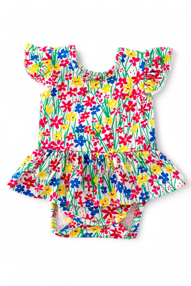 Multi-Printed girls baby onesies with snaps.