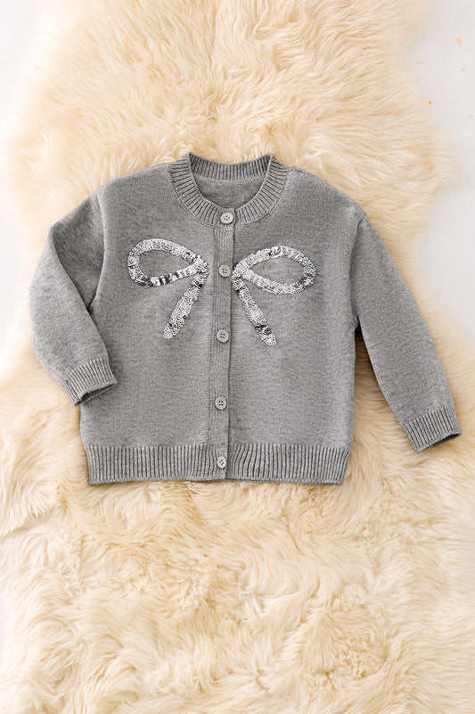 Gray sequins cardigan with sequins bow.