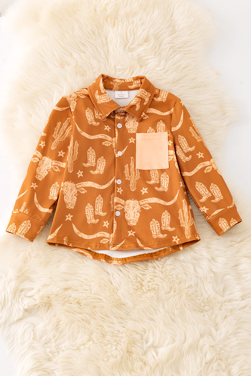 Brown longhorn cow printed boys button up shirt. (WESTERN