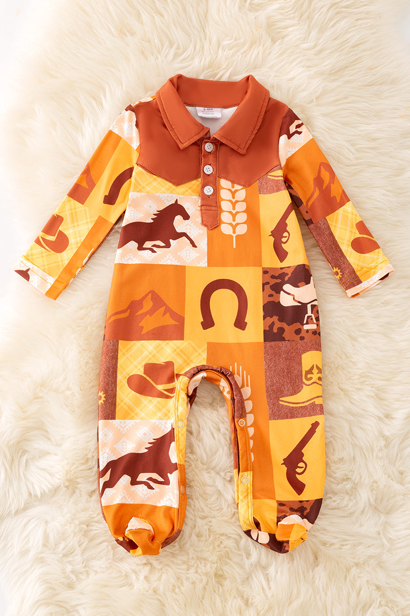 Horse western printed boys baby onesie with snaps.