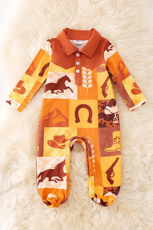 Horse western printed boys baby onesie with snaps.