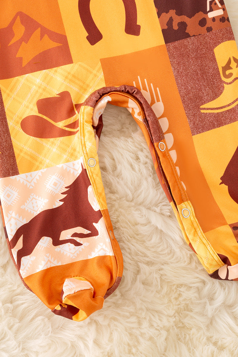 Horse western printed boys baby onesie with snaps.