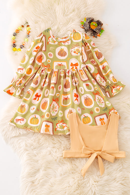 Multi printed pumpkin dress with vest. OFG51759