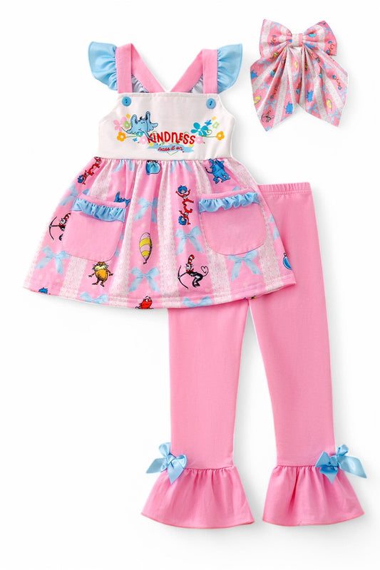 Pink character printed tunic & ruffle pants with blue bow & ruffle trim.