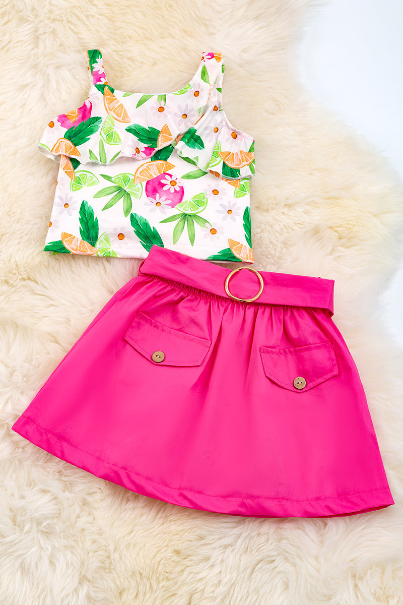 Fresh fruit printed fold over ruffle & fuchsia skirt.