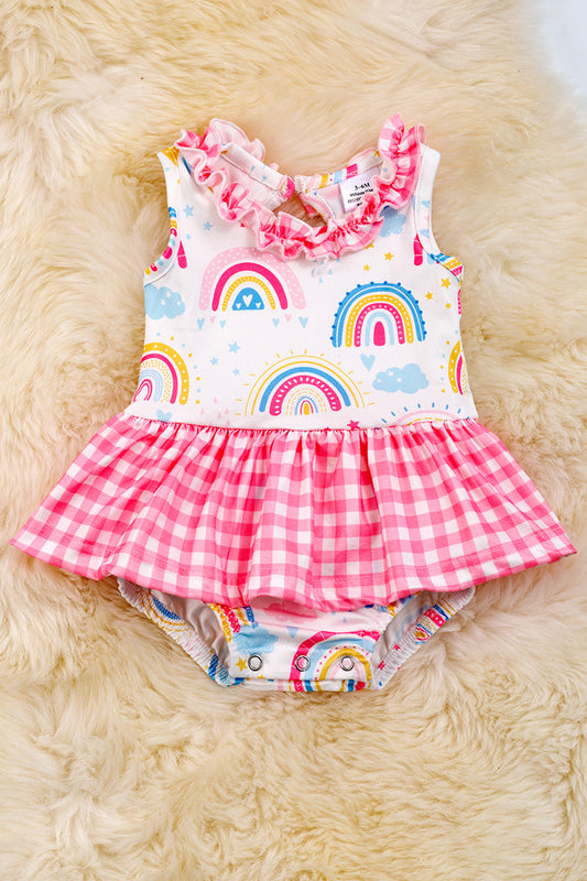 Rainbow printed onesie & gingham ruffle.