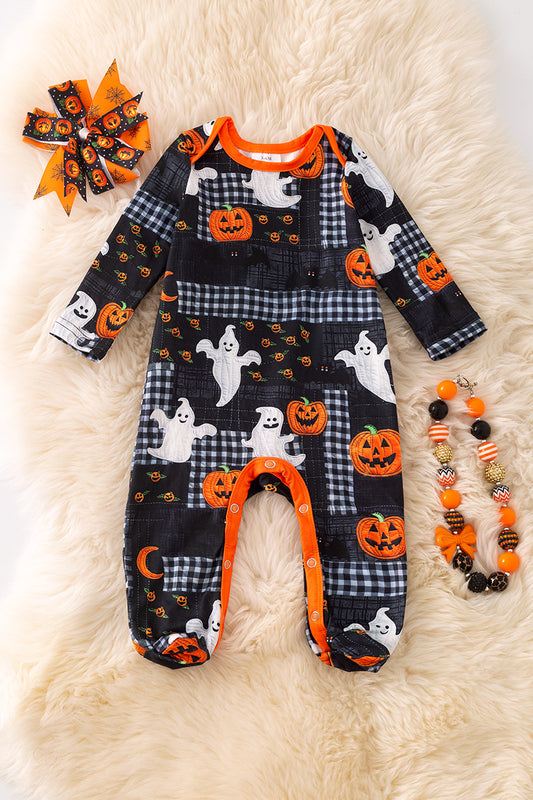 Halloween pumpkin and plaid printed baby onesie with footie.